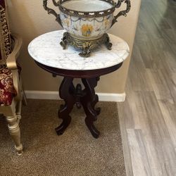 Victorian Style Wood And Italian Marble Side Table
