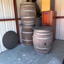Lot of 3 Rustic Wooden Barrels with Round Table Tops Farmhouse Bar & Event Decor
