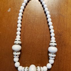 White Bead Necklace With Silver Accents  19inch