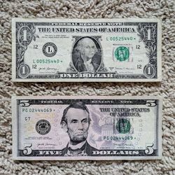 Set of two fancy serial number Federal Reserve Bank $1 & $5 STAR notes