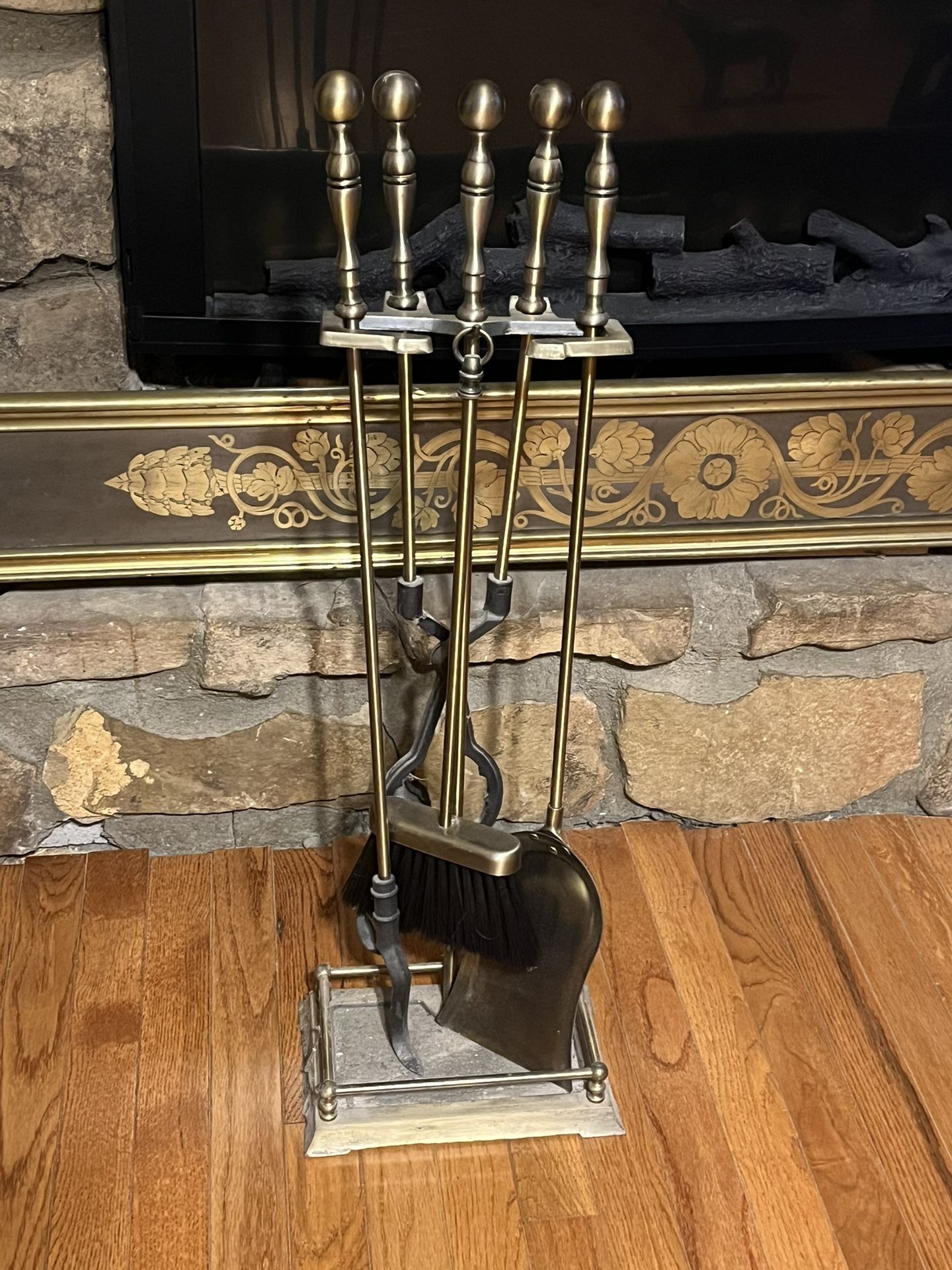 Vintage Heavy Duty Brass Wrought Iron Fireplace Tool Set