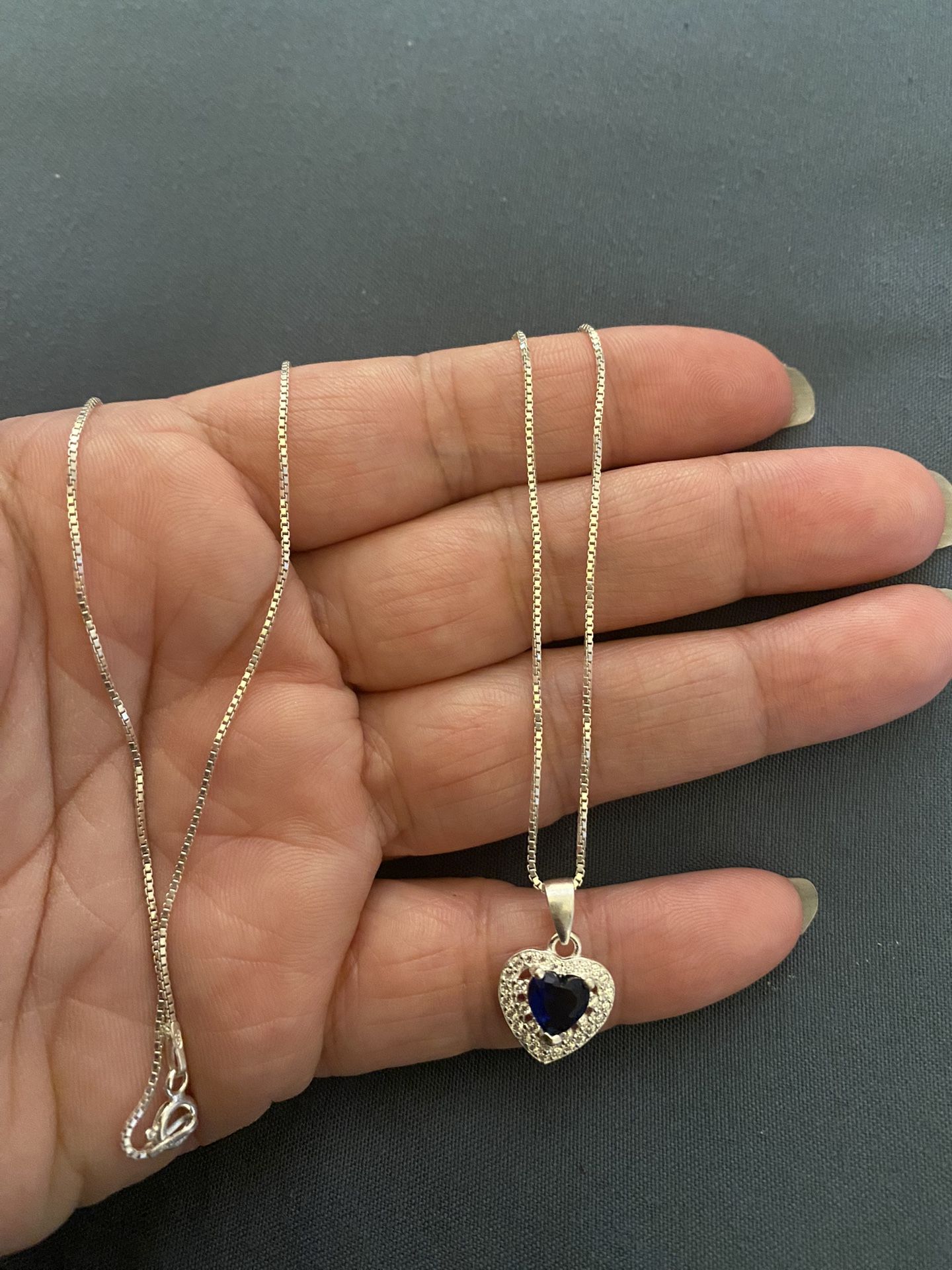 Real 925 Sterling Silver Blue Saphire Heart ❤️ Pendant Necklace