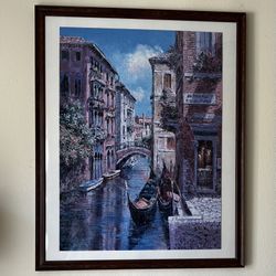 Framed Puzzle: 1,000-piece version of the painting "Gondolas on the Canal" by the artist Sam Park.