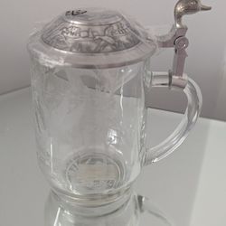 Vintage Beer Mug/Stein Etched Glass Pewter Lid Mallard Duck In Flight France

