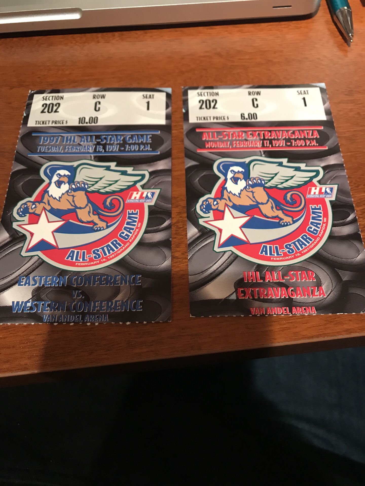 Ticket stubs from 1997 IHL Hockey All Star Game Grand Rapids Griffins