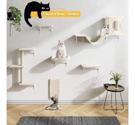 New-NUNU LAB Wall Mounted Cat Furniture Set - 6 Pcs Climber Set with House, Bridge, Steps, Scratcher Board - DIY Walls Playground, Indoor Cat Shelves 