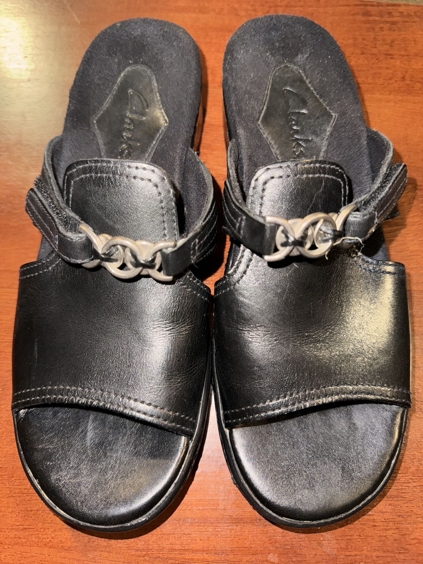 Clarks Womens Size 6M Wedge Sandals Black Leather Brazil Slide Orig. $109