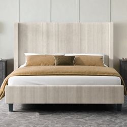 King Size Corduroy Upholstered Platform Bed - Cream