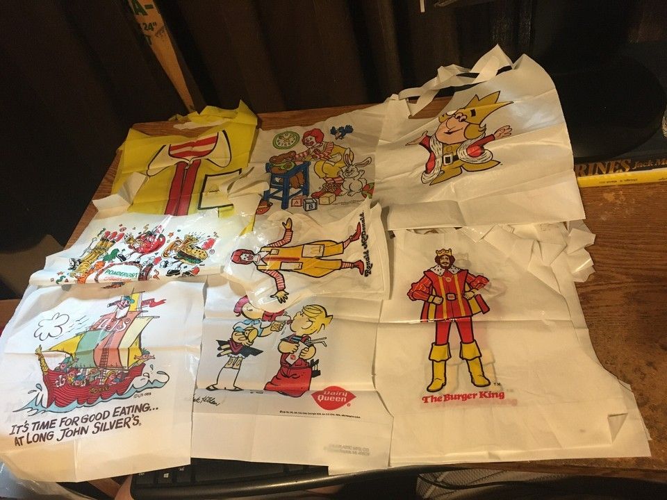 Lot Of 19 Vintage Fast Food Aprons And Bibs McDonald's Burger King Long John Silver Ponderosa And Three McDonald's Hand Puppets Ronald McDonald