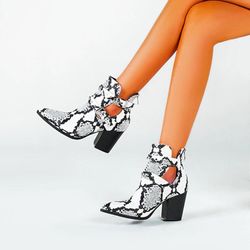 Snakeskin Black and White Chunky Heel Ankle Bootie with Cut Outs Size 8