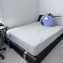 Black Faux Leather Bed Frame With Headboard ( Silver Accents)