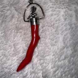 Vintage Estate Unique Pendant -Coral Red Pepper Looking Charm w/Silver Bird 