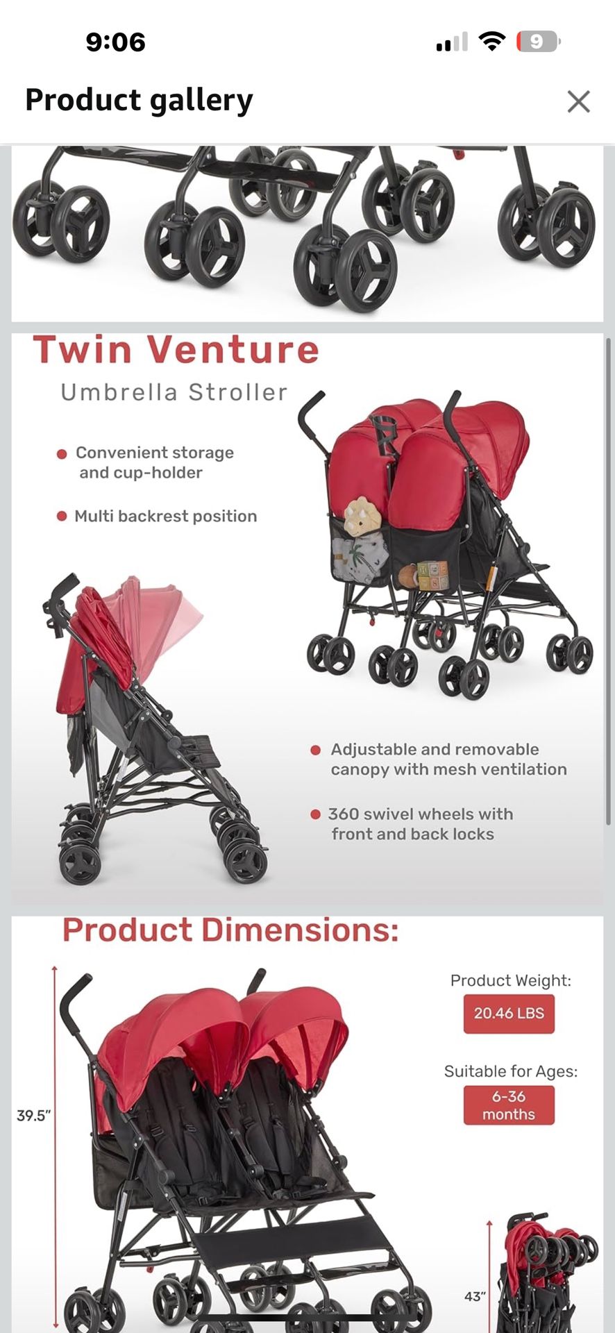 Dream On Me Twin Venture Umbrella Stroller in Red, Multi Backrest Positions,