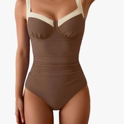 Women's One Piece Swimsuits Tummy Control Bathing Suits Push Up Swim Suit Color Block Swimwear