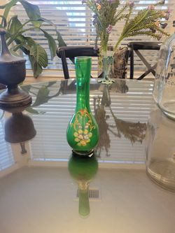 Antique Green Glass Vase With Hand Painted Flowers From The 1900's  14 K Gold Paint