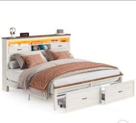 King Size White Storage Bed Frame with Bookcase Headboard