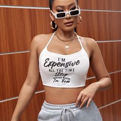 Slogan Graphic Backless Crop Halter Top.