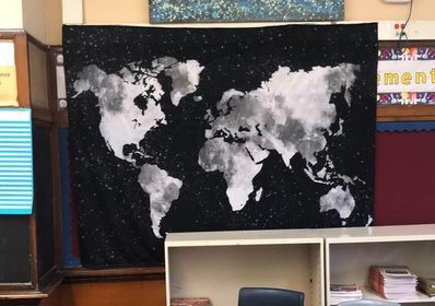 Black and Silver Tapestry with World Map