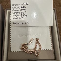 4 mm 7.5” 14k Solid Rose Gold Cuban Link Bracelet 9.4 Grams