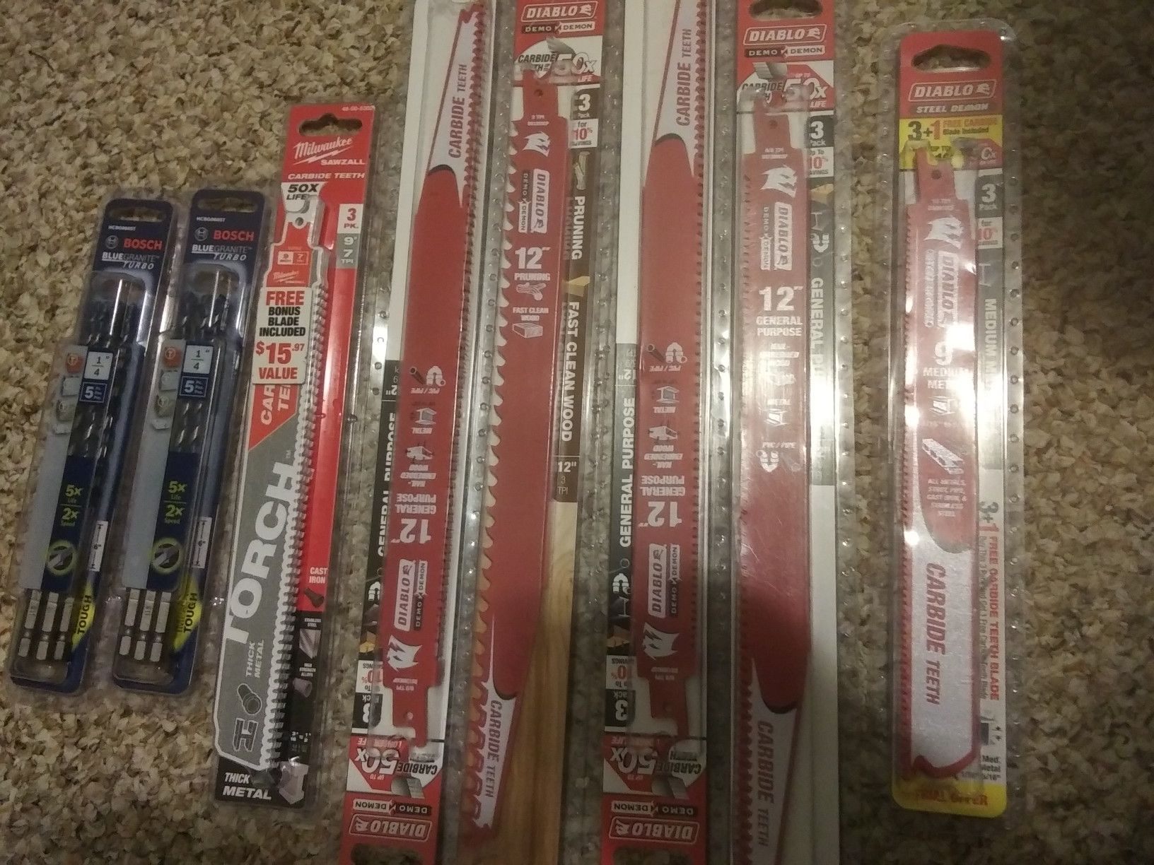 6 new packs Diablo sawzall blades and 2 packs of Bosch drill bits