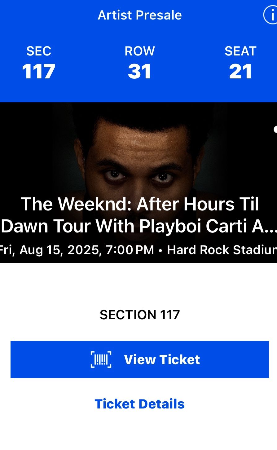 The Weeknd Two Club Level Tickets Section 117 Row 31 Seats 21-22