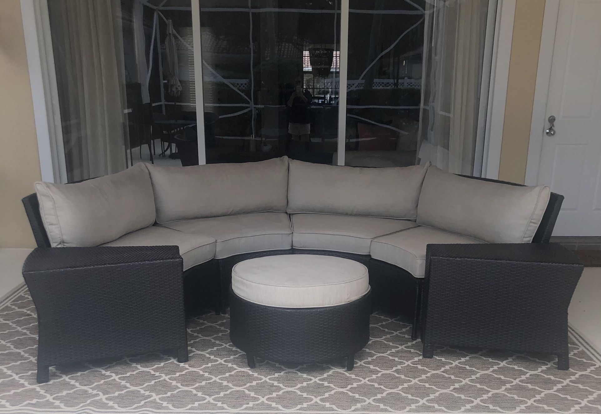 Dark Brown Wicker Outdoor Couch Sectional and Round Ottoman  with Beige Cushions - MAKE OFFER!