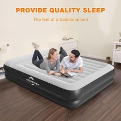 Queen Air Mattress with Built-in Pump/USB Rechargeable Detachable, JHUNSWEN 16" Raised Durable Inflatable Queen Air Mattress Built-in Pillow for Campi