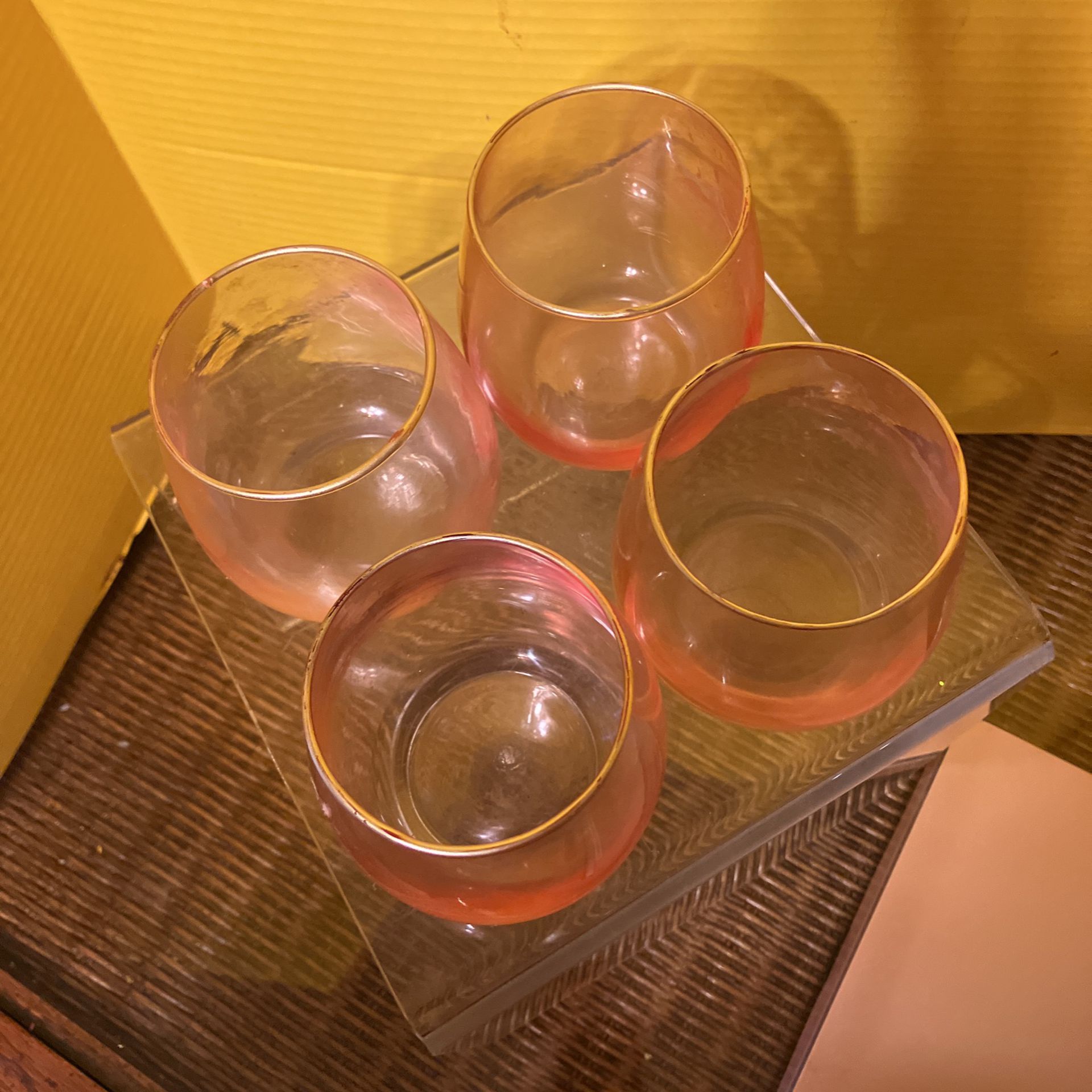 Set Of 4 Egg Shaped Gold Rimmed Pink Drinking Glasses