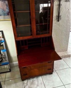VINTAGE ART DECO TALL SECRETARY DESK WITH BOOKCASE & KEY- Solid Wood