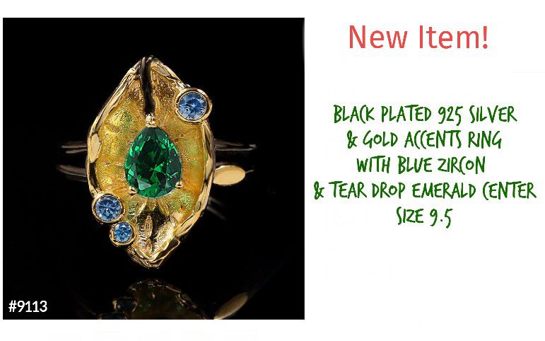 Black & Gold Plated Silver Emerald & Blue Zircon Ring, Sz.9.5