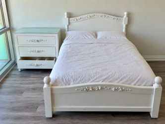 French-style bedroom set: carved full bed, floral chest & painted cabinet