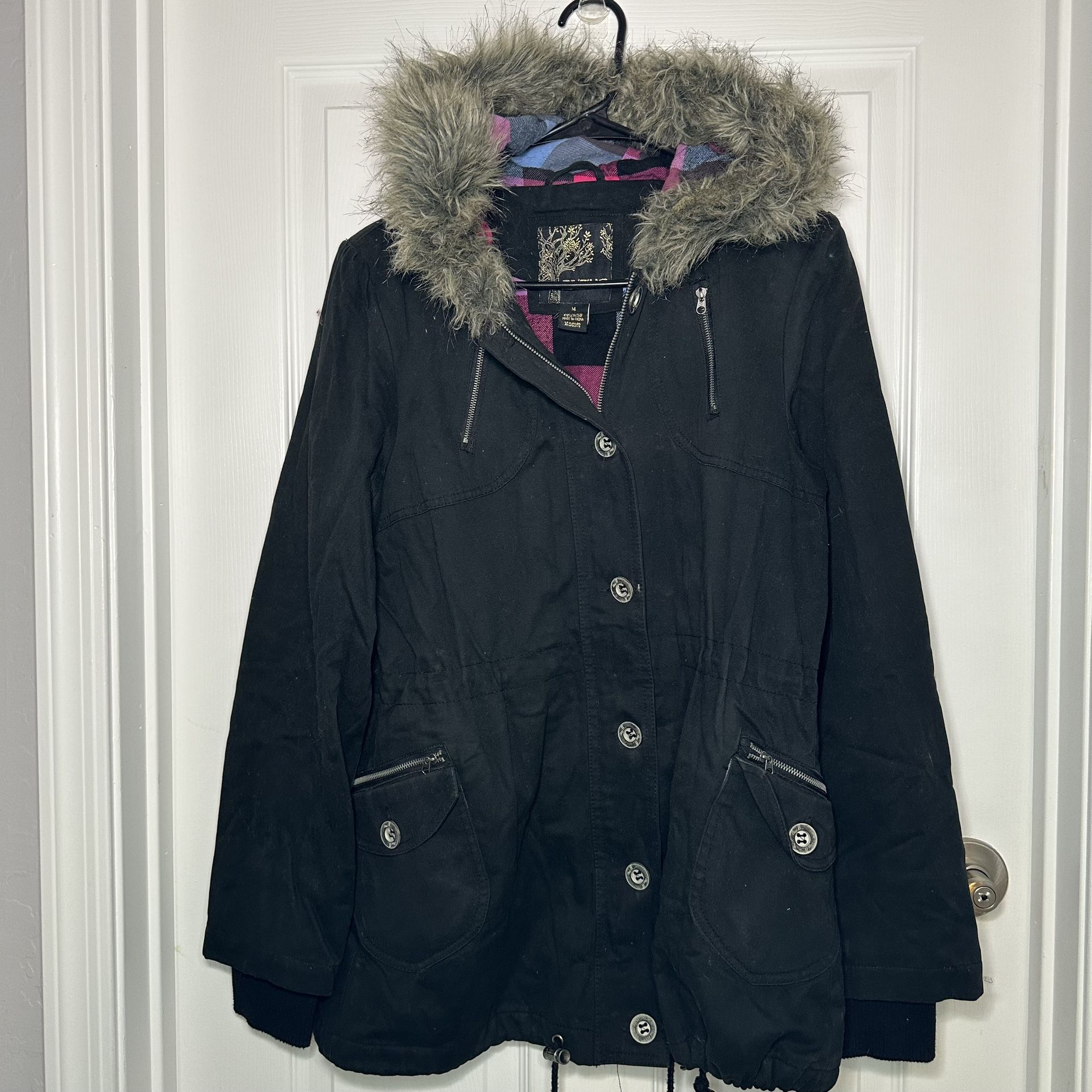 O'Neill Jacket Women Medium Full Zip Button Black Hooded Parka Winter Coat Fully Lined   M