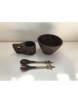 Vintage Wooden Bowl With Serving Spoon And Fork