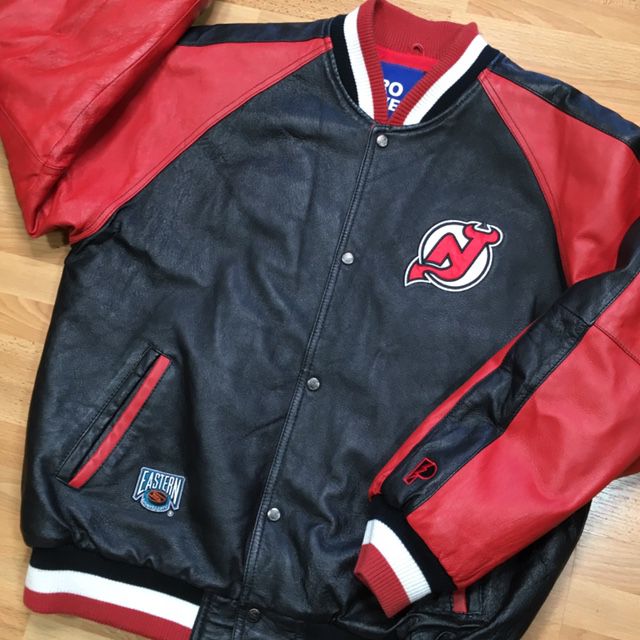 Vintage NJ New Jersey Devils Pro Player NHL Leather Hockey Jacket Coat L 80s 90s