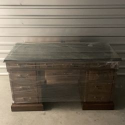 Antique Chippendale Solid Mahogany Executive Desk With Custom Glass Top