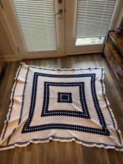 Hand Made Afghan Crochet Heavy Granny Square Blanket large Edge Blue