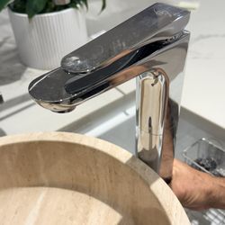 Natural Stone Vessel Sink And Polished Chrome Faucet For Bathroom Cabinet 