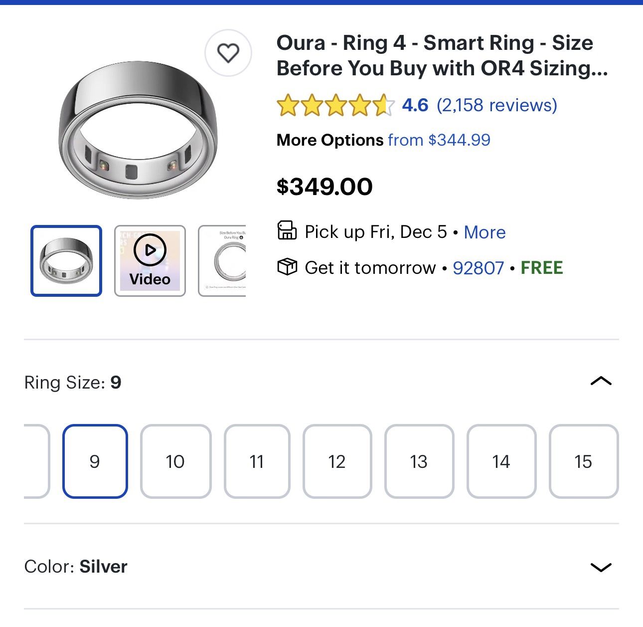 Oura Ring Silver Size 9