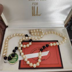 Vintage Pearls From Majorca With Onix  Made In Spain