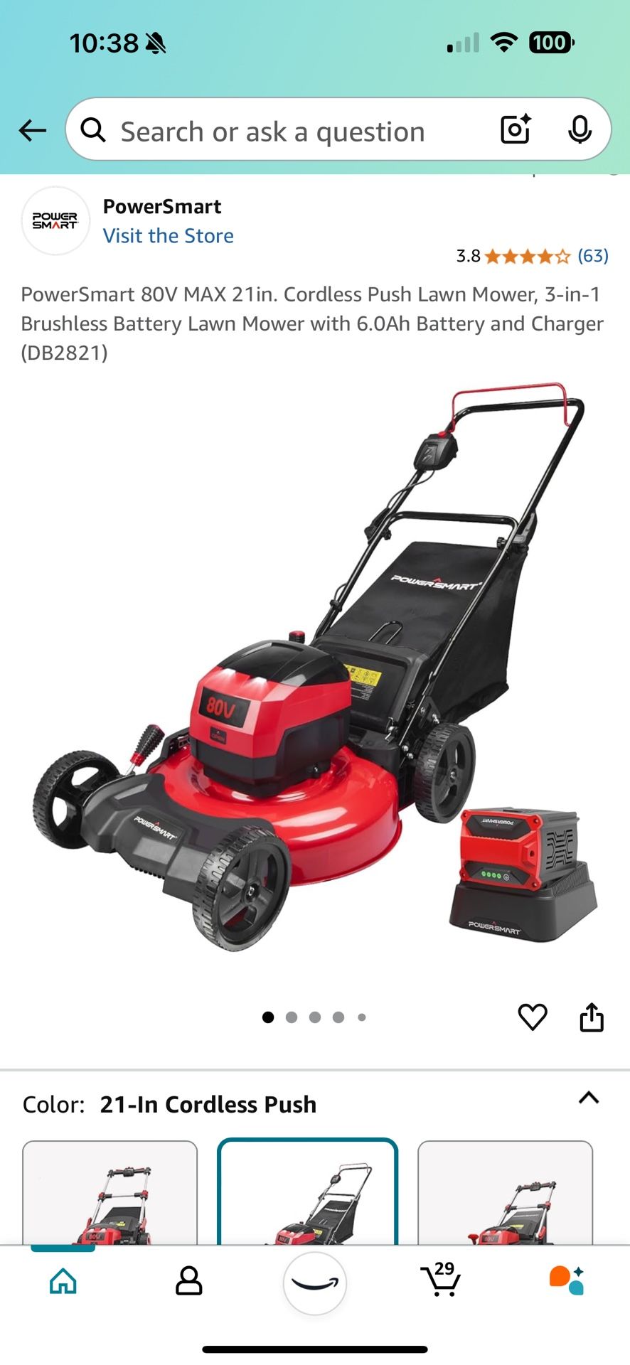 PowerSmart 80V MAX 21in. Cordless Push Lawn Mower, 3-in-1 Brushless Battery Lawn Mower with 6.0Ah Battery and Charger (DB2821)