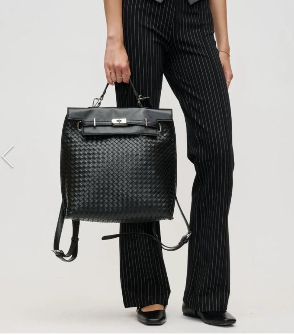 Urban Expressions Colby Black Backpack Basket Weave Vegan Leather Zipper Pocket