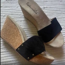 Splendid Women's Black Cork Wedge Sandals Size 7.5 Studded Slip-On Casual