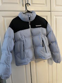 Women’s Light Blue and Black Timberland Puffer Jacket - Excellent Condition