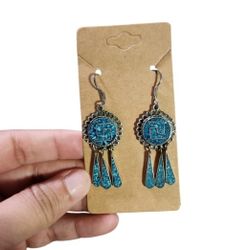 Vintage Mexico 925 Sterling Silver Turquoise Aztec Calendar Drop Earrings 2.5"