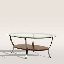 Oval Glass Top Coffee Table with Wood Shelf