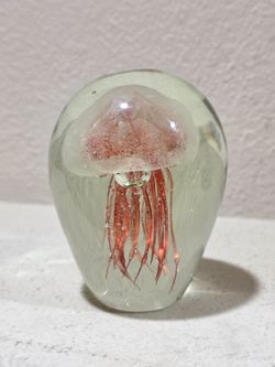 Vintage Handmade Art Glass Paperweight Jellyfish Murano Style Red Bubbles