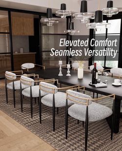 Mid-Century Modern Boucle Dining Chairs set of 6, Brushed Gold Armchairs with Black Metal Legs and Upholstered Cushion, Sherpa Accent Chairs for Livin