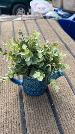 Blue Ceramic Mug with Faux Eucalyptus Plant