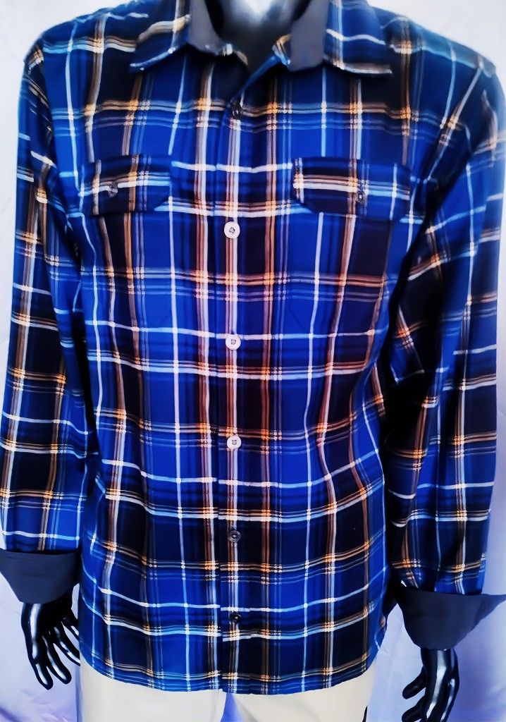 VINTAGE SWISS TECH Flannel Shirt Men XL/XG (46-48) Blue Canoe Plaid Western Stretch