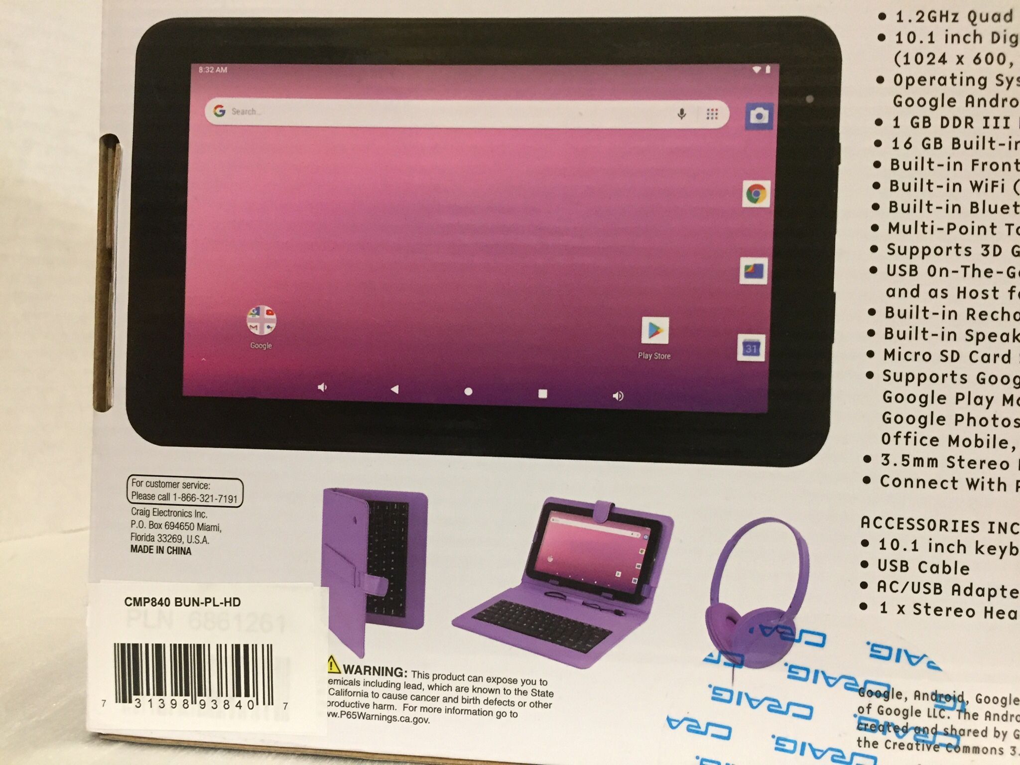 New ICRAIG 10.1 Inch Touch Screen Tablet With Keyboard Case And Headphones.π